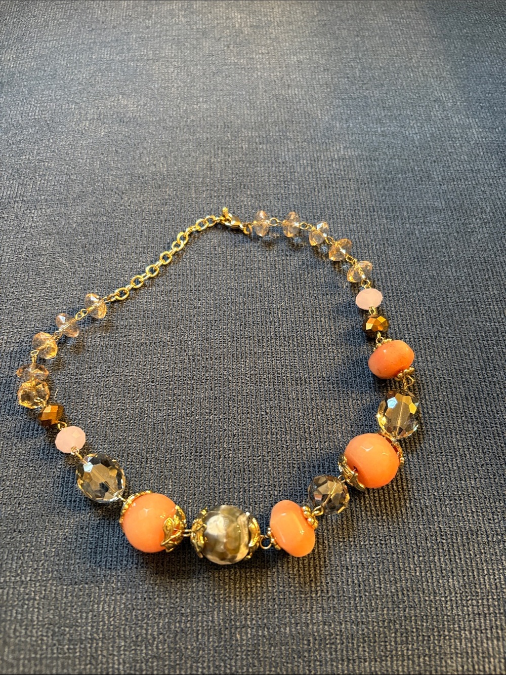 Gold-Tone Necklace with Coral and Smoky Beads